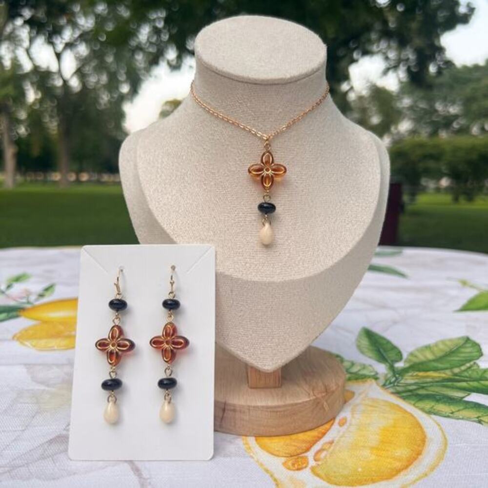 Amber Tone Cross Shape Earthy Boho Bohemian Stone Beige West Casual Jewelry Set
